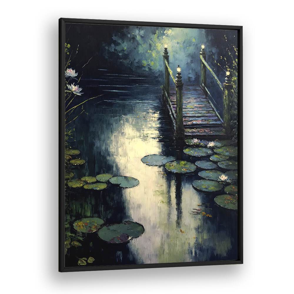 Footbridge by the Water by Treechild Landscape Art Prints in Black Plain Frame