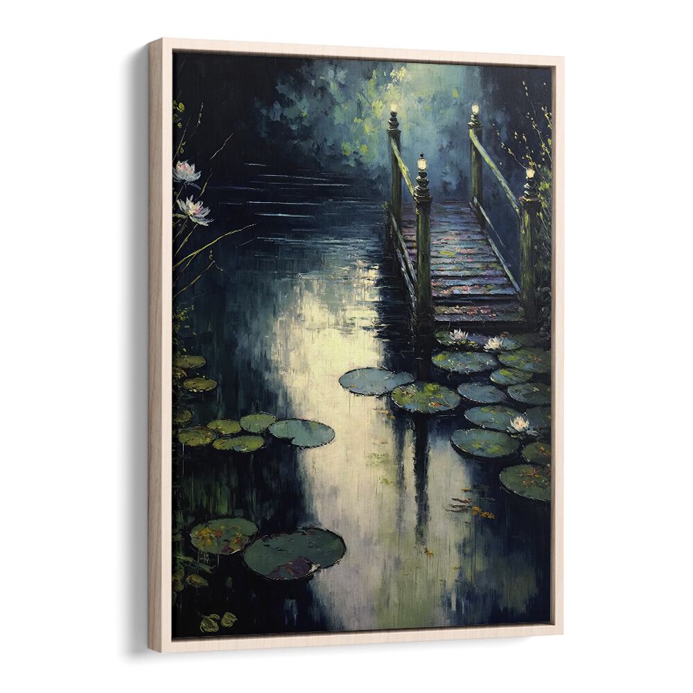 Footbridge by the Water by Treechild Landscape Art Prints in Oak Wood Floater Frame