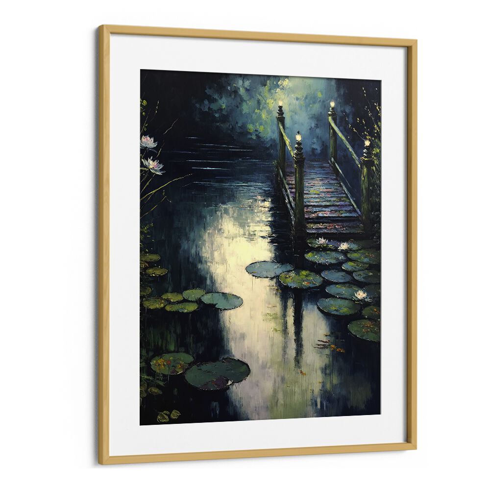 Footbridge by the Water by Treechild Landscape Art Prints in Oak Wood Frame With Mount