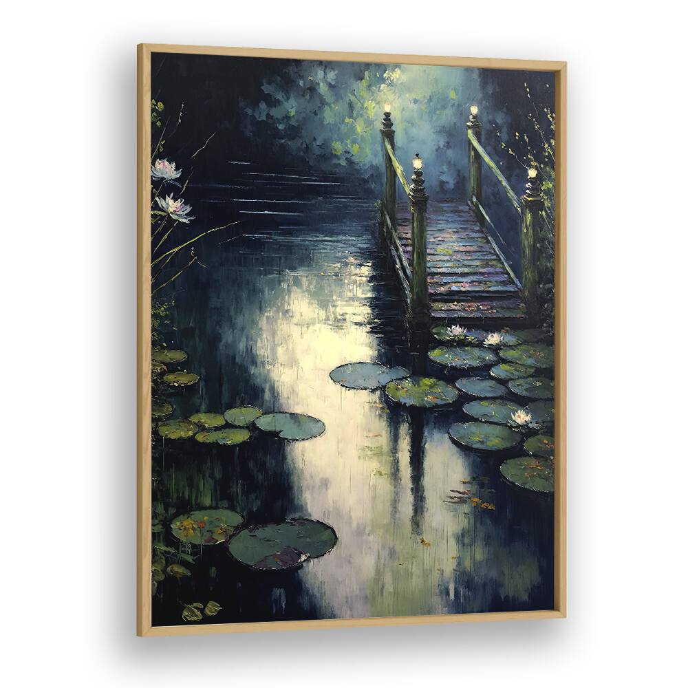 Footbridge by the Water by Treechild Landscape Art Prints in Oak Wood Plain Frame