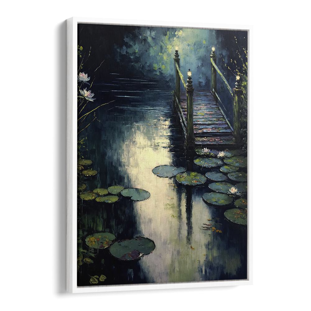 Footbridge by the Water by Treechild Landscape Art Prints in White Floater Frame