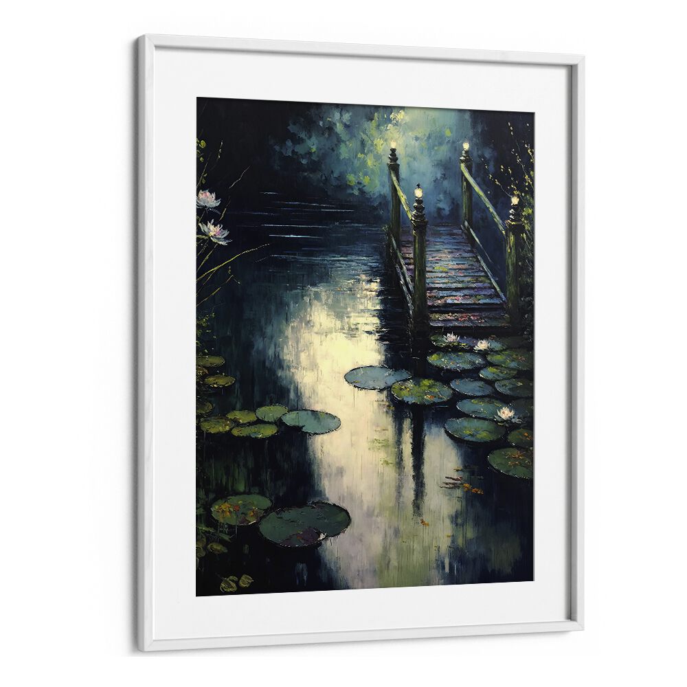 Footbridge by the Water by Treechild Landscape Art Prints in White Frame With Mount