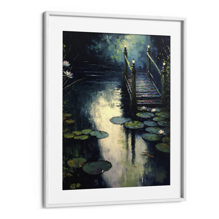 Footbridge by the Water by Treechild Landscape Art Prints in White Frame With Mount