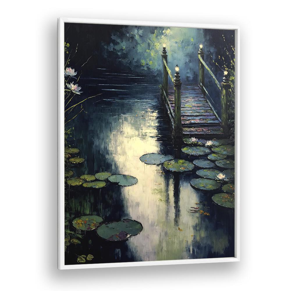 Footbridge by the Water by Treechild Landscape Art Prints in White Plain Frame