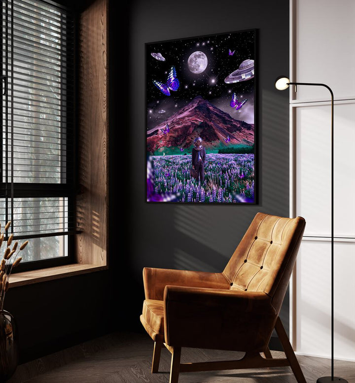 Foreign Soil By Ritvik Takkar Surreal Art Prints in Black Plain Frame placed on a Dark Grey Colored Wall in the Drawing Room