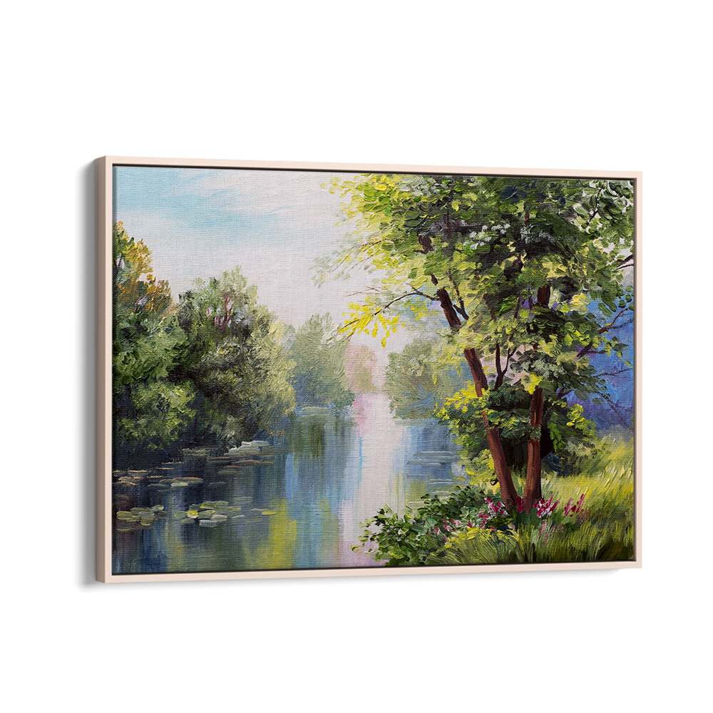 Beautiful scene of serene water and lush trees in the FOREST REFLECTIONS, VINTAGE EUROPEAN PAINTINGS collection.