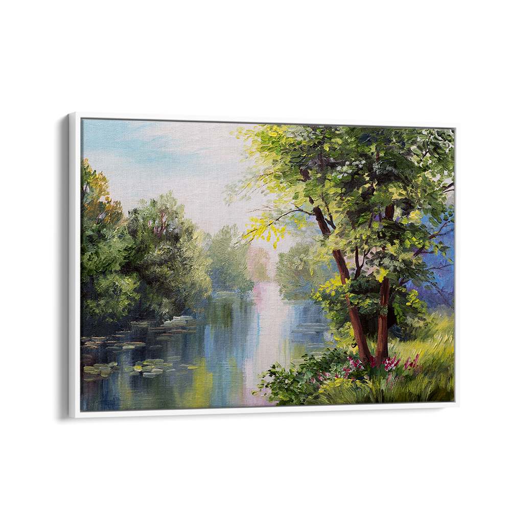Serene landscape featuring lush trees and water, showcasing FOREST REFLECTIONS, VINTAGE EUROPEAN PAINTINGS.