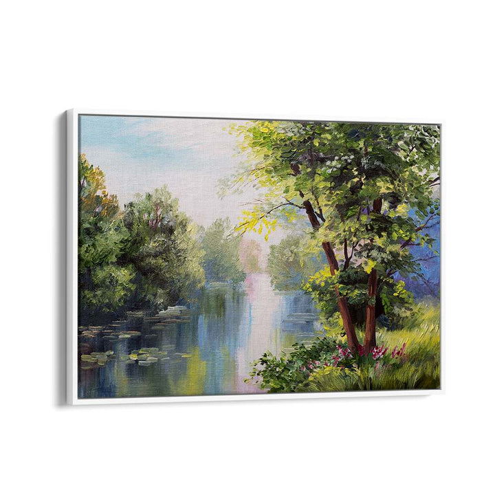 Serene landscape featuring lush trees and water, showcasing FOREST REFLECTIONS, VINTAGE EUROPEAN PAINTINGS.