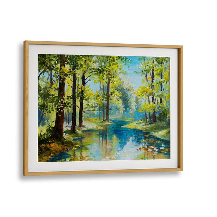 Serene landscape of trees and water in FOREST REFLECTIONS II, VINTAGE EUROPEAN PAINTINGS, beautifully framed for elegance.