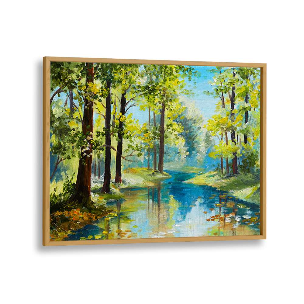 Serene landscape of "FOREST REFLECTIONS II, VINTAGE EUROPEAN PAINTINGS" in an oak wood frame, perfect for any decor.