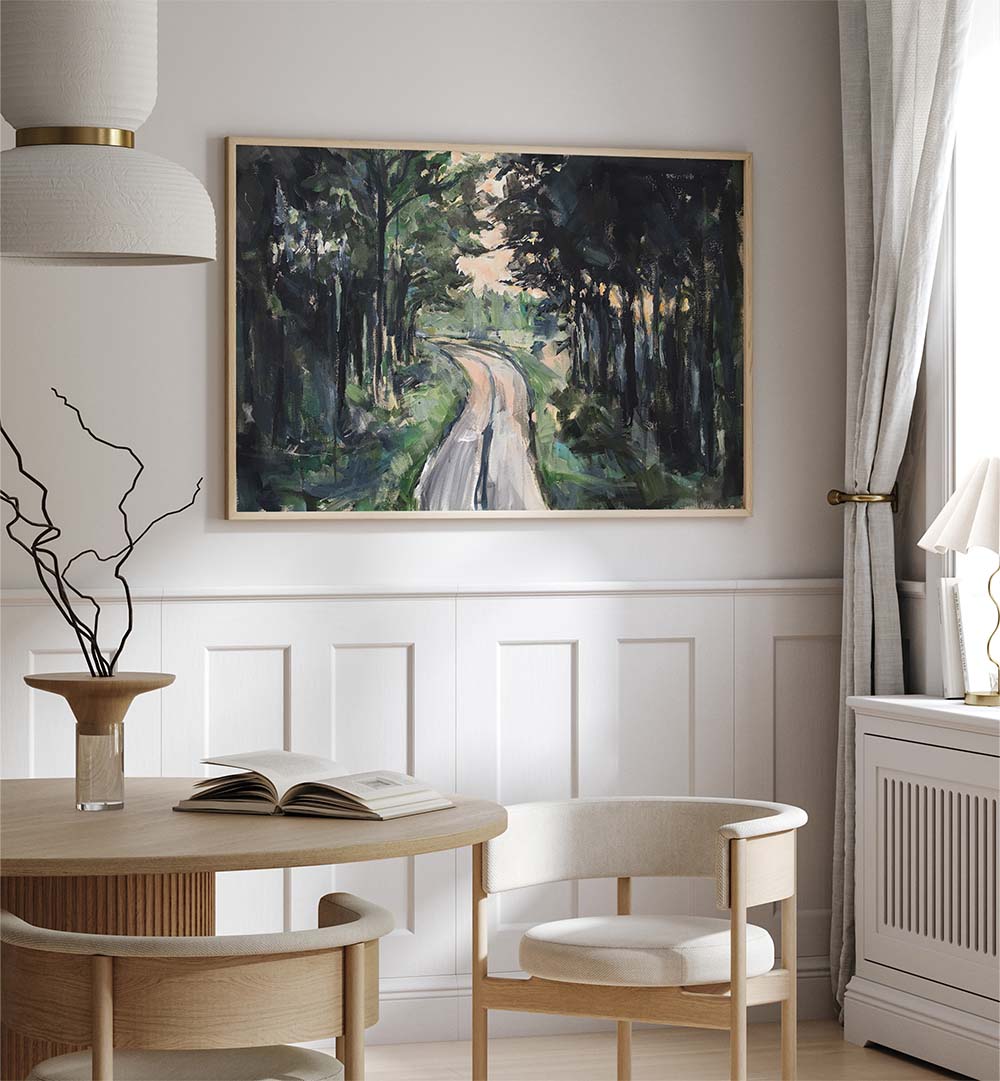 Serene forest pathway captured in stunning landscape paintings, perfect for nature lovers seeking tranquility.