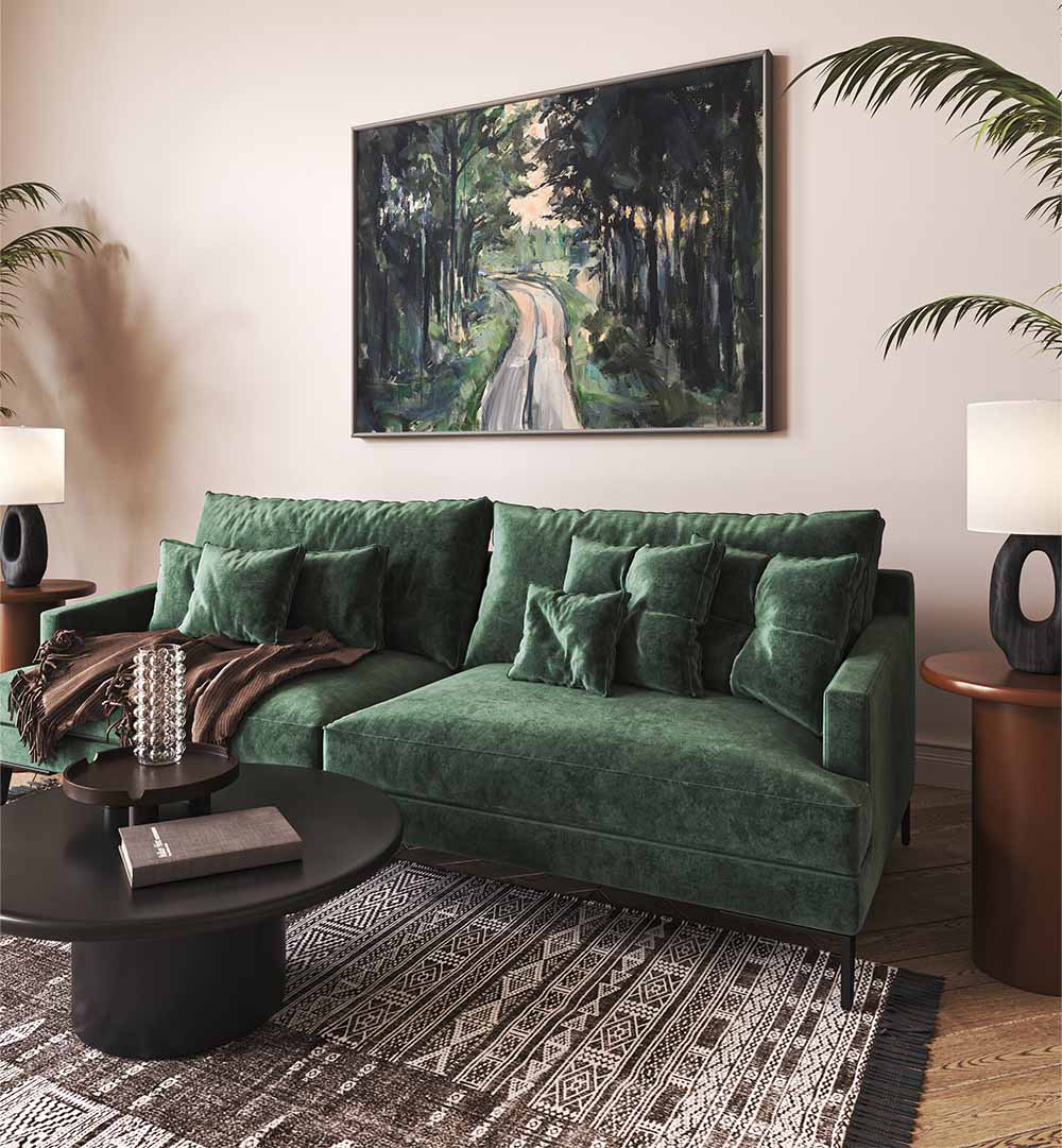 Beautifully designed FOREST PATHWAY, LANDSCAPE PAINTINGS enhancing a cozy living room with serene nature vibes.