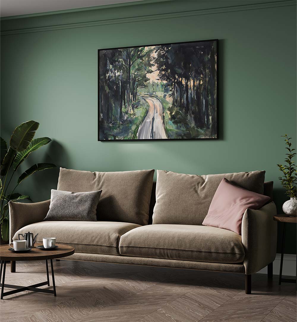 Serene forest pathway captured in stunning landscape paintings, perfect for nature lovers and home decor.