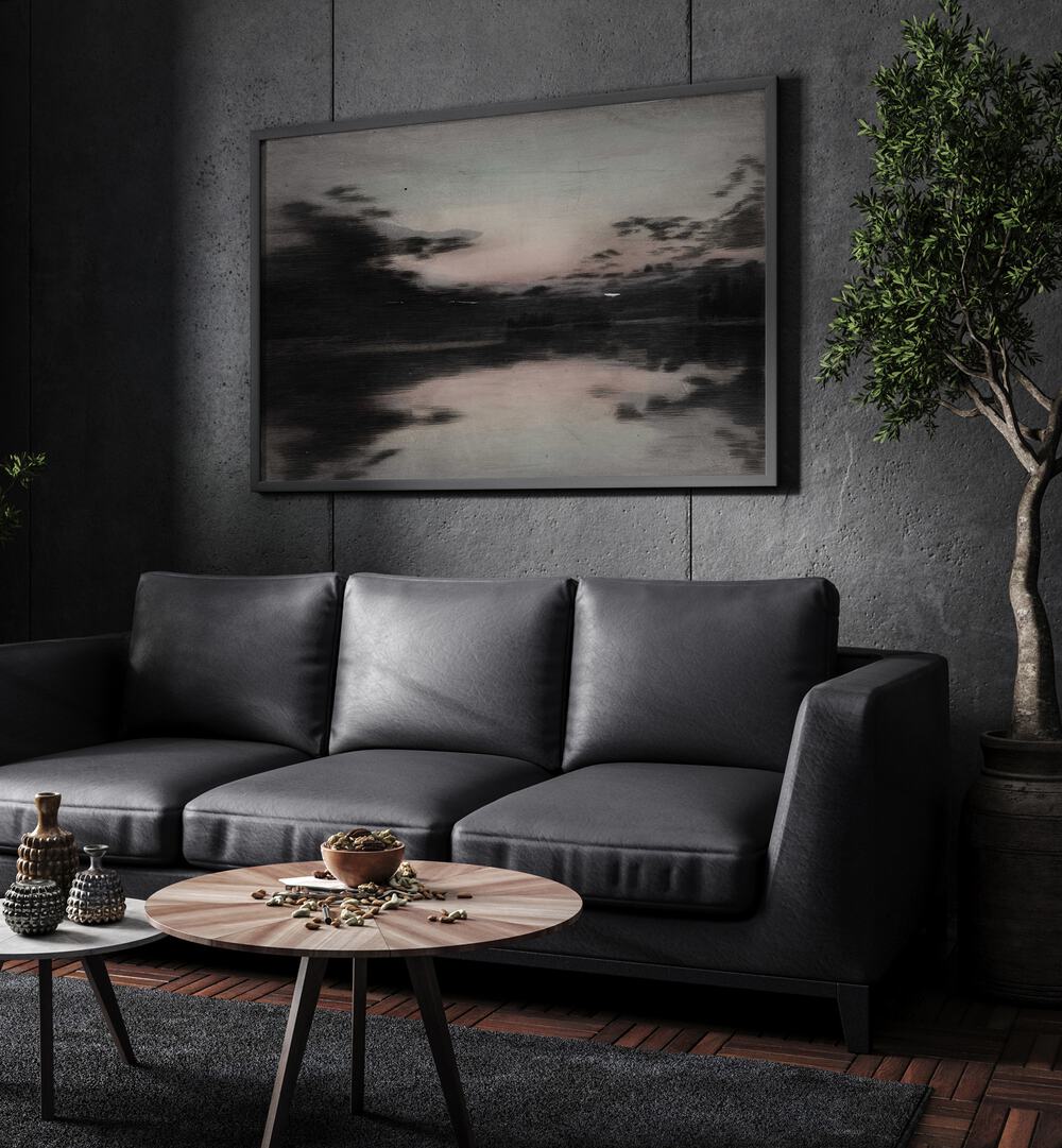 Forgotten Realms A Gothic Tapestry Of Time Gothic Art Prints in Black Plain Frame hanging on a wall above black leather couch beside a plant.