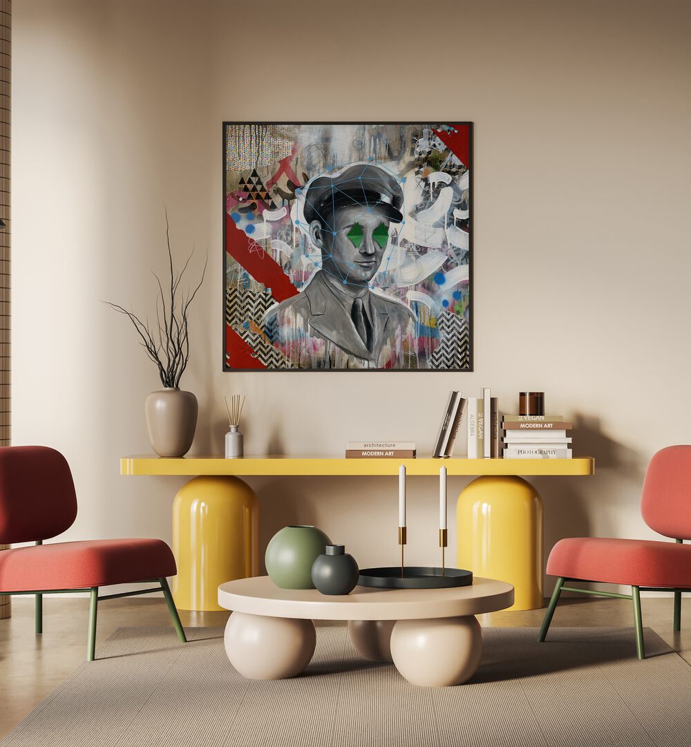 Forgotten Soldier by Famous When Dead Pop Art Paintings Pop Art Prints in Black Plain Frame placed on a wall behind a table