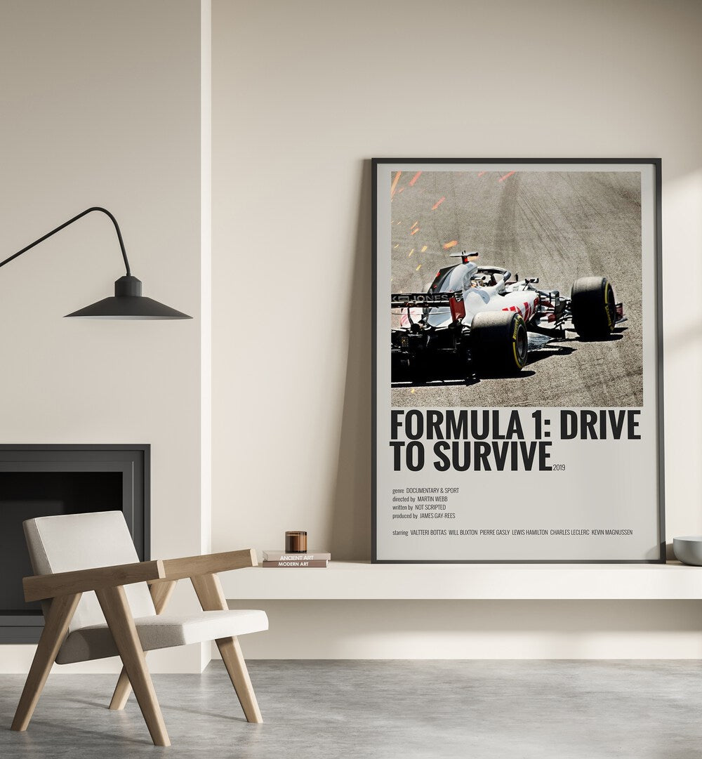 Formula 1-Drive To Survive 2019 Movie Posters in Black Plain Frame placed on a shelf beside a hearth