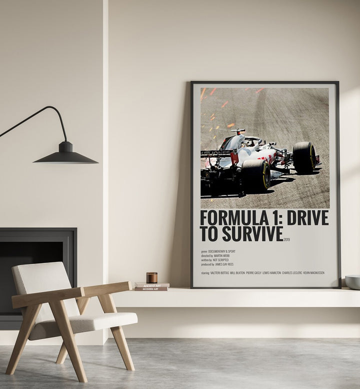 Formula 1-Drive To Survive 2019 Movie Posters in Black Plain Frame placed on a shelf beside a hearth