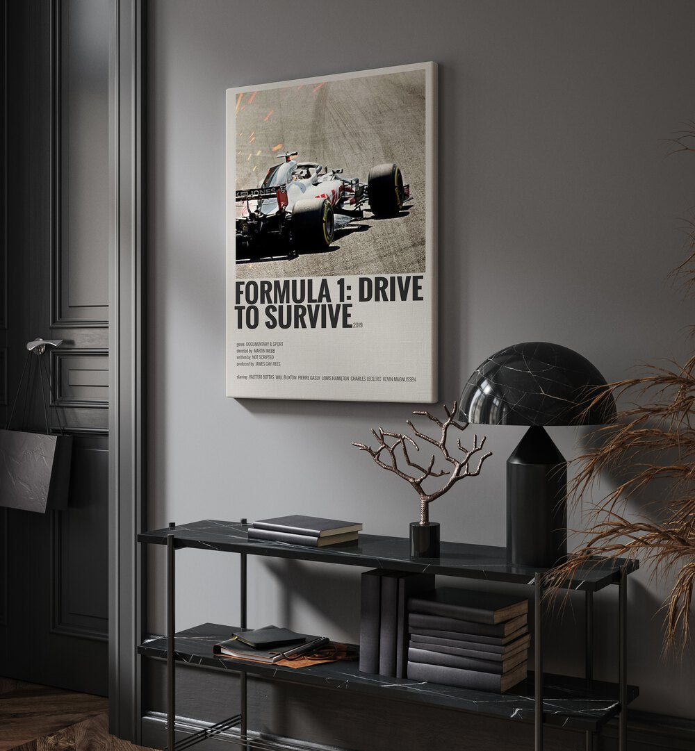 Formula 1-Drive To Survive 2019 Movie Posters in Gallery Wrap placed on a wall behind a table and beside a door
