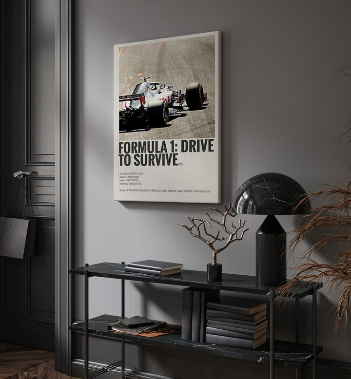 Formula 1-Drive To Survive 2019 Movie Posters in Gallery Wrap placed on a wall behind a table and beside a door