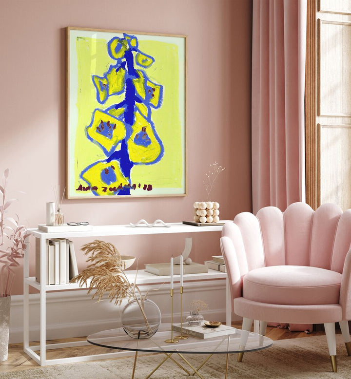 Foxgloves Yellow By Ania Zwara Botanical Art Prints Floral Paintings in Oak Wood Plain Frame placed on a Pink Colored Wall above a Console Table in the Drawing Room