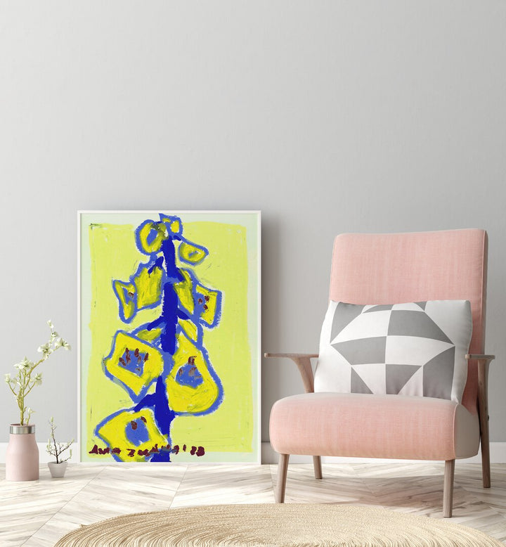 Foxgloves Yellow By Ania Zwara Botanical Art Prints Floral Paintings in White Plain Frame placed on the floor near a Grey Colored Wall in the Drawing Room