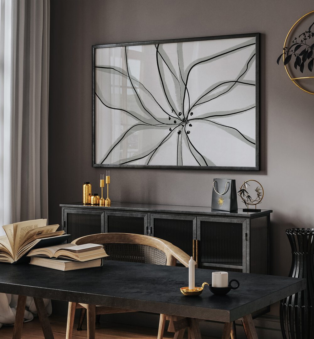 Fragile Flower by Uplus Me Studio Kitchen Art Prints Kitchen Posters in Black Plain Frame placed on a wall behind a black console table