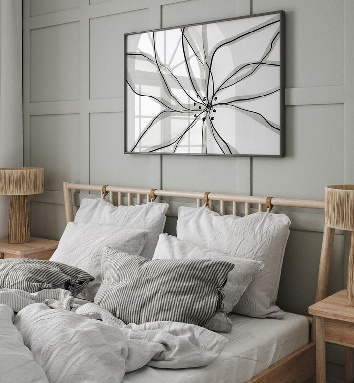 Fragile Flower by Uplus Me Studio Kitchen Art Prints Kitchen Posters in Black Plain Frame placed on a wall behind a bed for bedroom