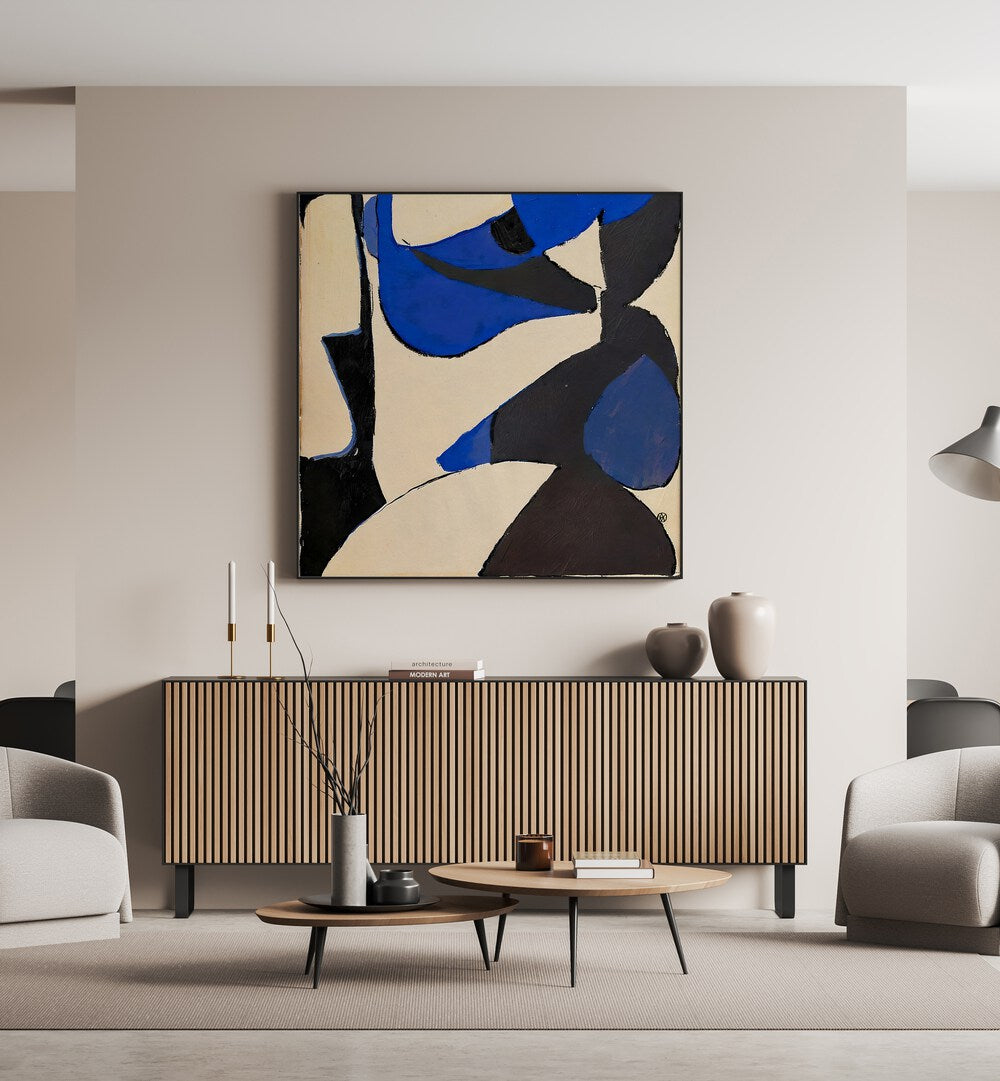 Fragmento Abstract Art Abstract Paintings in Black Plain Frame placed on a Cream Colored Wall above a Console Table in the Living Room
