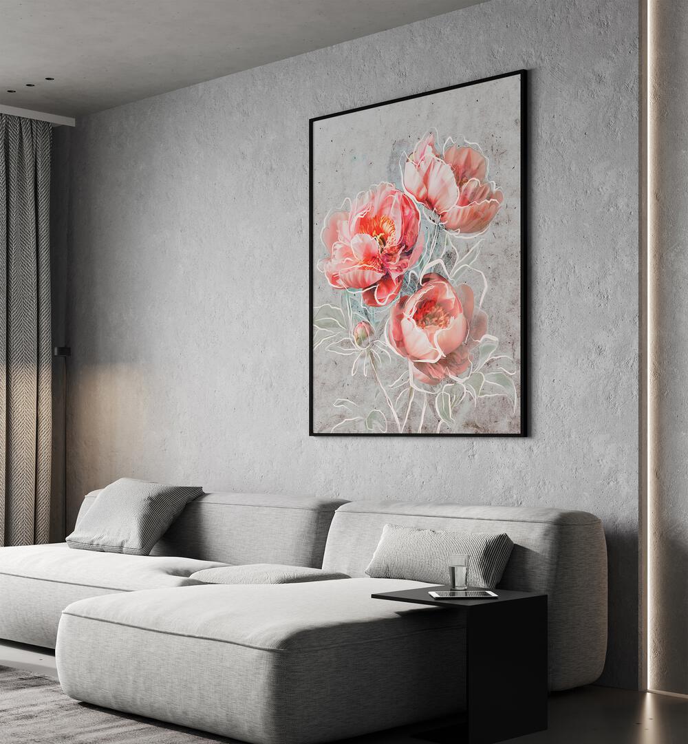 Framed Elegance By Treechild Botanical Paintings in Black Plain Frame placed on a Grey Colored Wall near a Grey Sofa in the Living Room