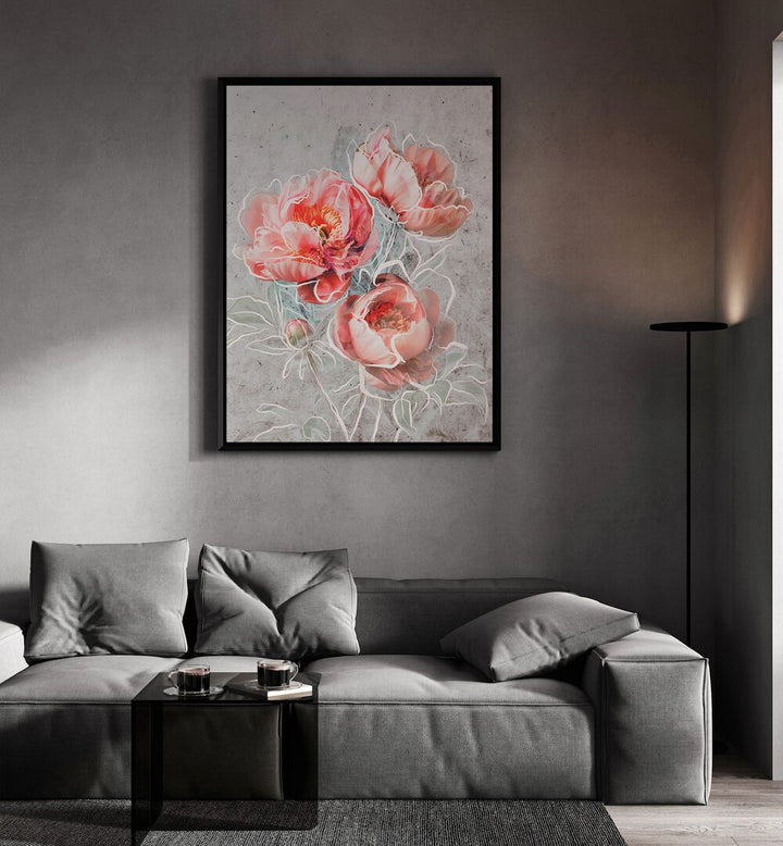 Framed Elegance By Treechild Botanical Paintings in Black Plain Frame placed on a Grey Colored Wall near a Grey Sofa in the Living Room