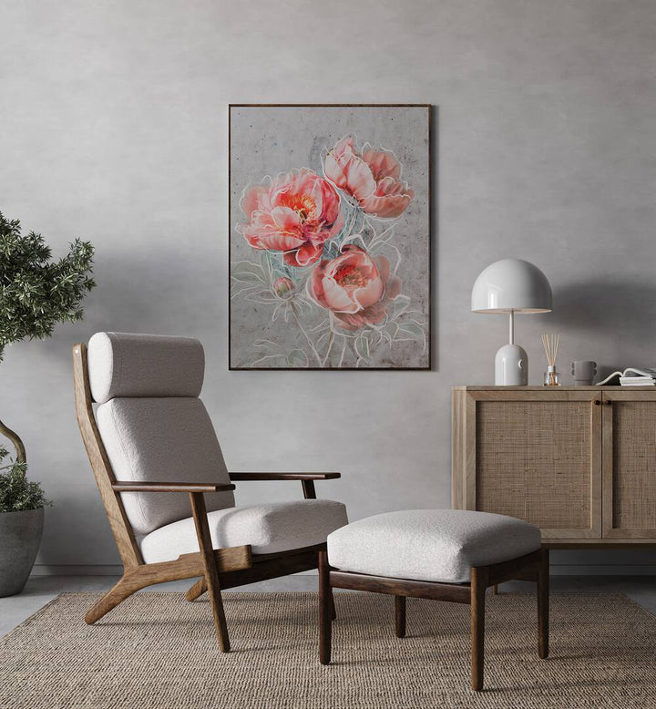 Framed Elegance By Treechild Botanical Paintings in Oak Wood Plain Frame placed on a Grey Colored Wall in the Drawing Room