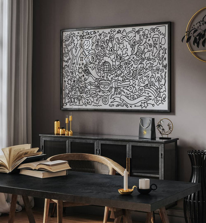 Frantic Fables B&w Doodle Art Painting in Black Plain Frame it is placed on the wall behind the table.