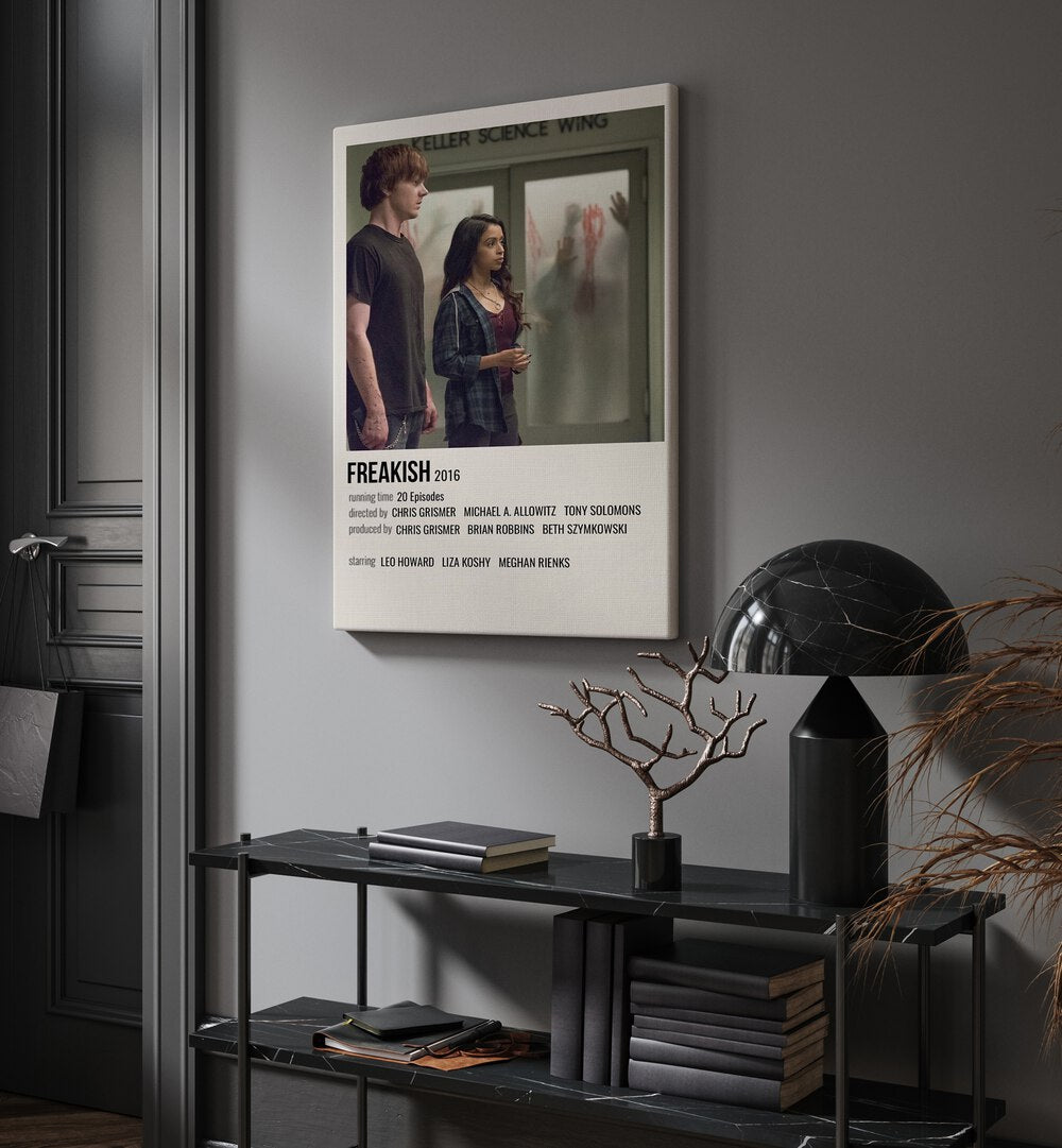 Freakish 2016 Movie Posters in Gallery Wrap placed on a wall behind a table and beside a door