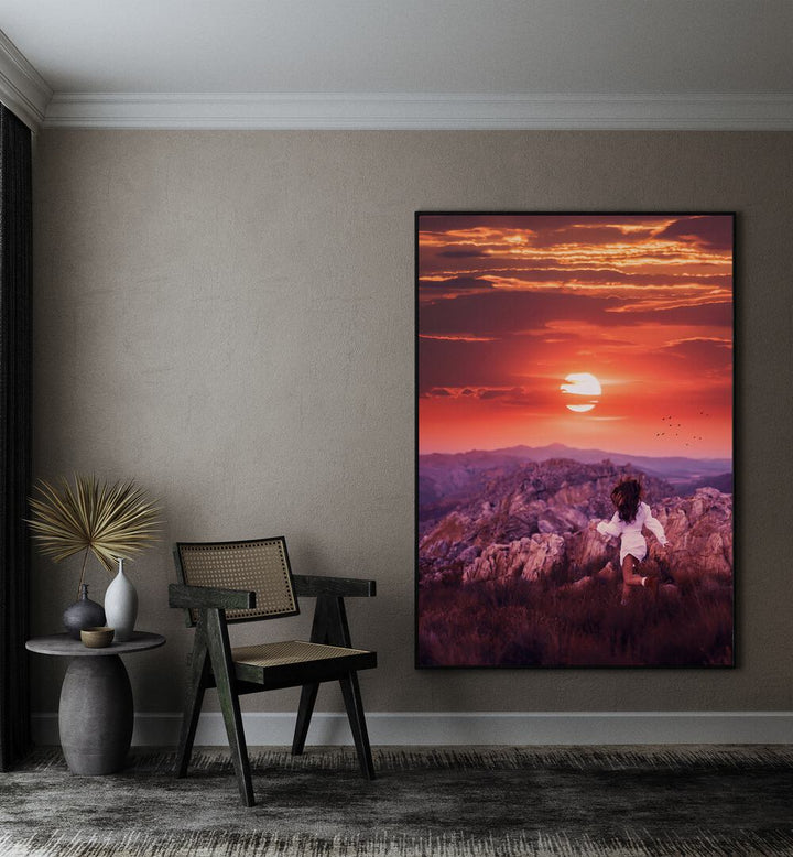 Free Spirit By Ritvik Takkar Surreal Art Prints in Black Plain Frame placed on a Beige Colored Wall in the Drawing Room