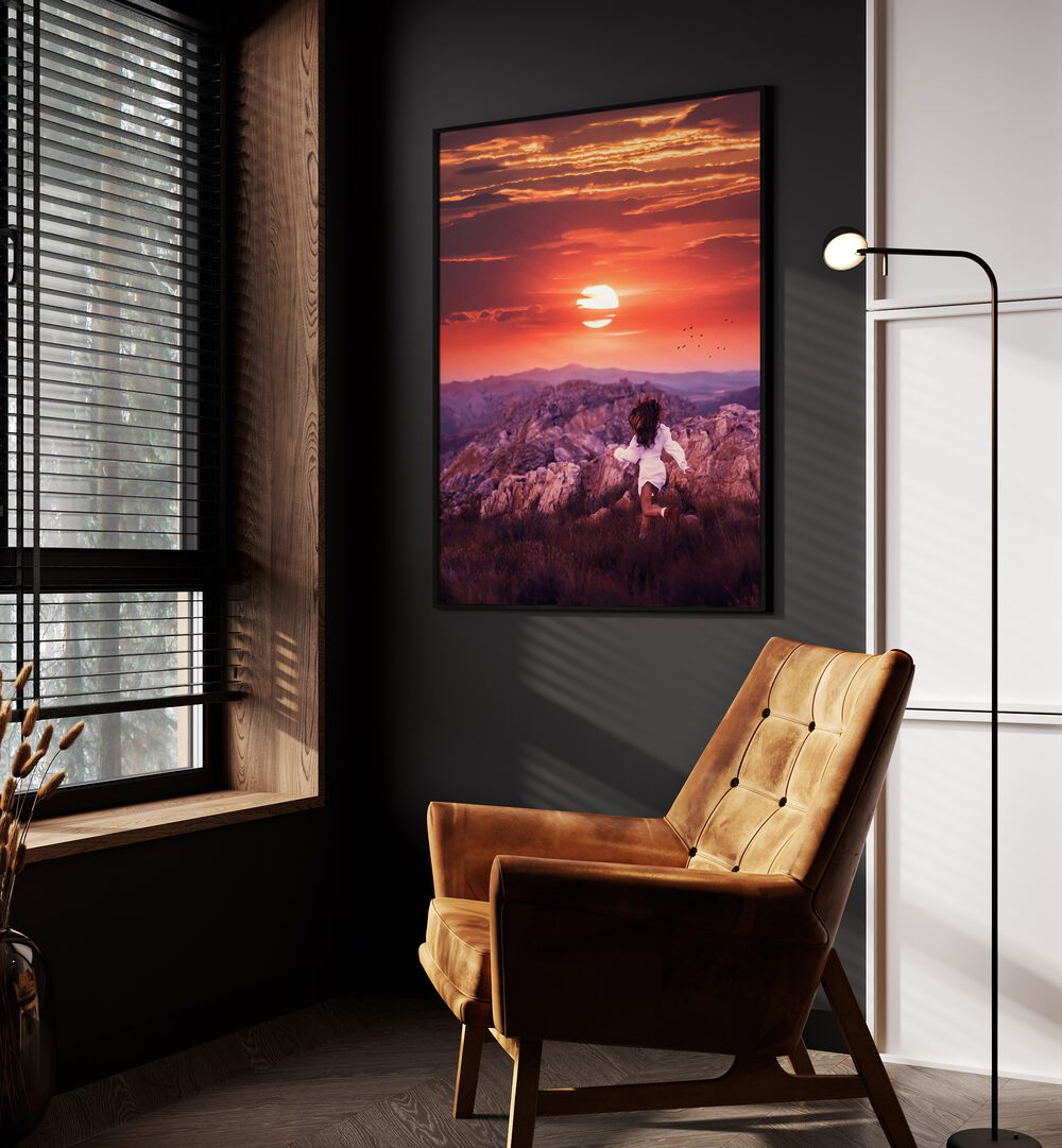 Free Spirit By Ritvik Takkar Surreal Art Prints in Black Plain Frame placed on a Dark Grey Colored Wall in the Drawing Room