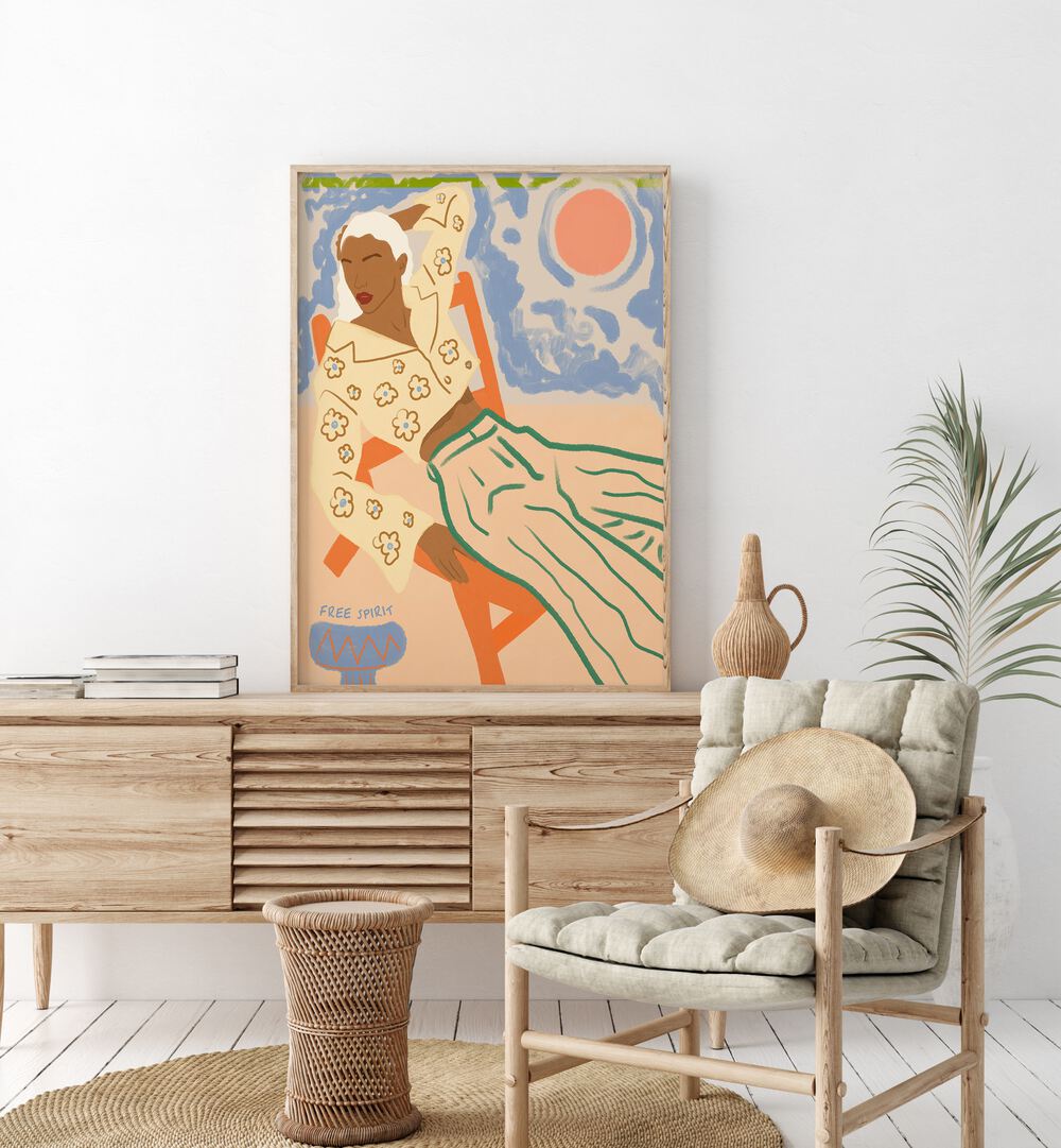 Free Spirit By Uma Gokhale Woman Illustration Paintings in Oak Wood Plain Frame on a console table beside a plant