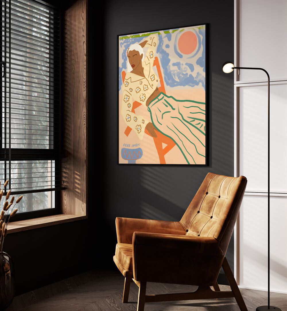 Free Spirit By Uma Gokhale Woman Illustration Paintings in Black Plain Frame on a wall beside an orange sofa