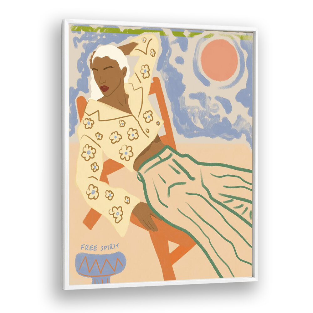 Free Spirit By Uma Gokhale Woman Illustration Paintings in White Plain Frame