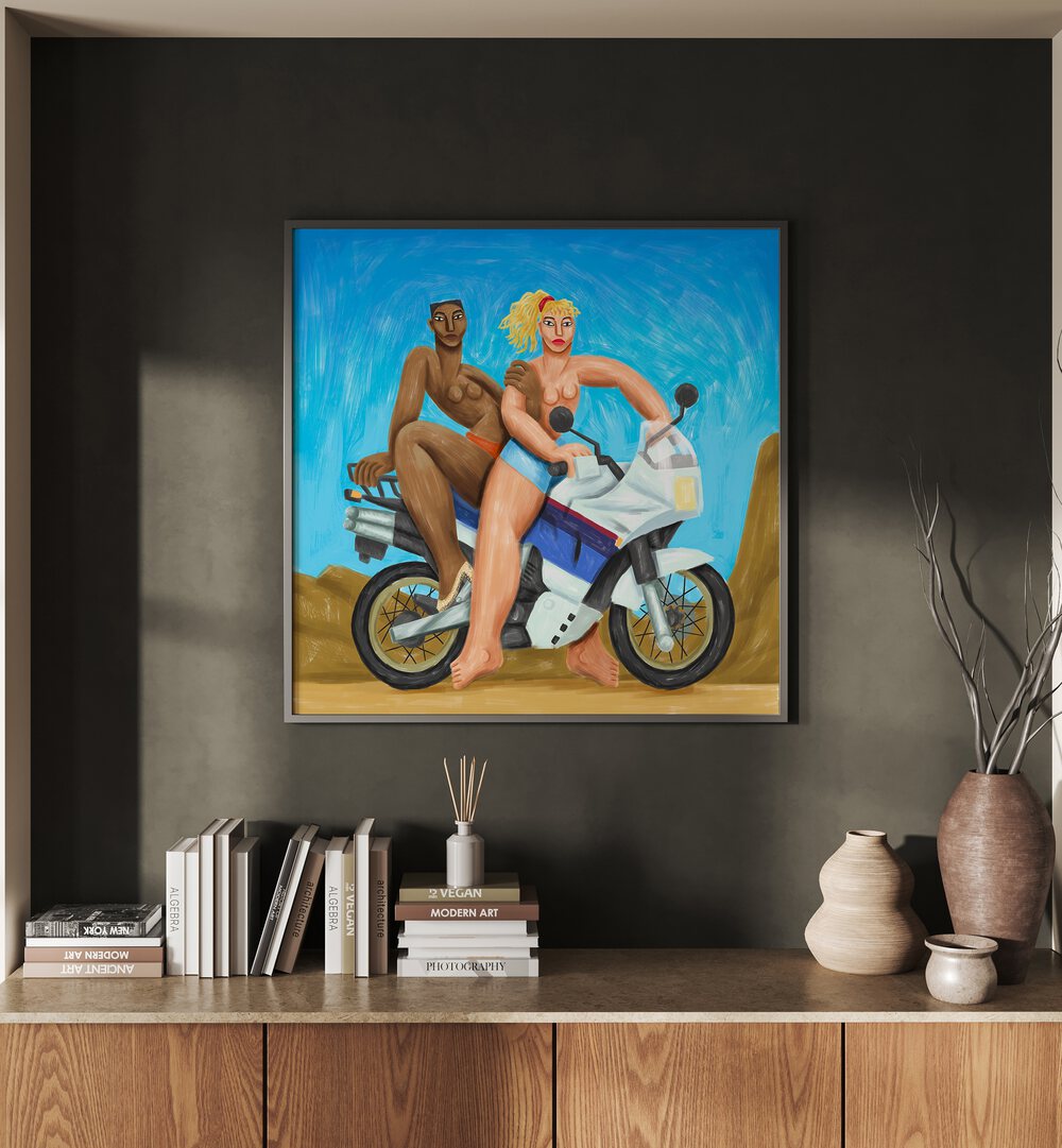 Free Wheel By Cepe Wallart Prints in Oak Wood Plain Frame on a wall placed above a table