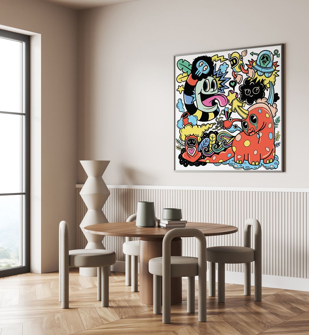 Freeform Fantasy By Miho Art Studio  Botanical Prints in Black Plain Frame placed on the wall behind the dining table.