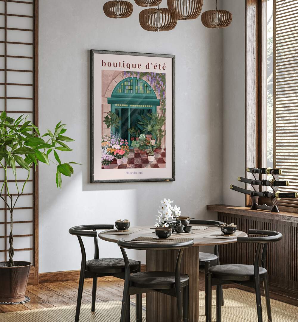French flower shop poster, bar & cafe art by Goed Blauw adds charm to any space with its vibrant floral design.