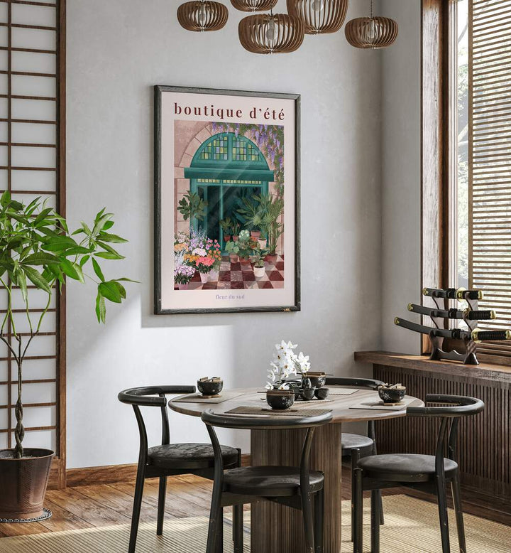French flower shop poster, bar & cafe art by Goed Blauw adds charm to any space with its vibrant floral design.