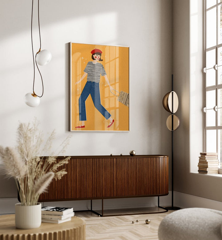 French Girl By Julia Leister Women Illustration Paintings in Oak Wood Plain Frame on wall placed behind a table beside a window