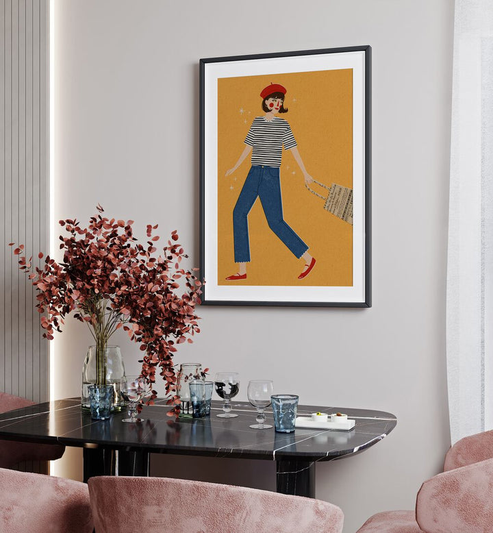 French Girl By Julia Leister Women Illustration Paintings in Black Frame With Mount on a wall placed behind a dining table