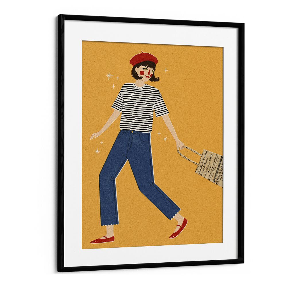 French Girl By Julia Leister Women Illustration Paintings in Black Frame With Mount