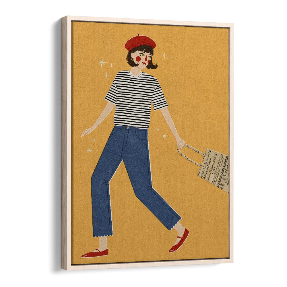 French Girl By Julia Leister Women Illustration Paintings in Oak Wood Floater Frame