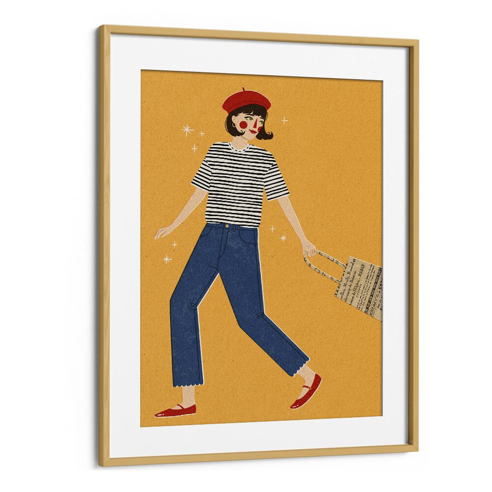 French Girl By Julia Leister Women Illustration Paintings in Oak Wood Frame With Mount