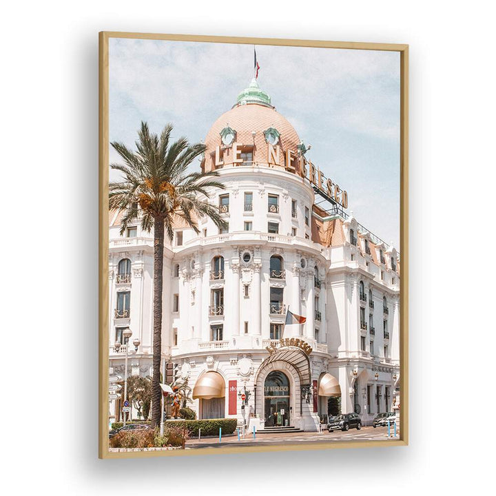 French Riviera Building By Grace Digital Art Co Beach Prints in Oak Wood Plain Frame