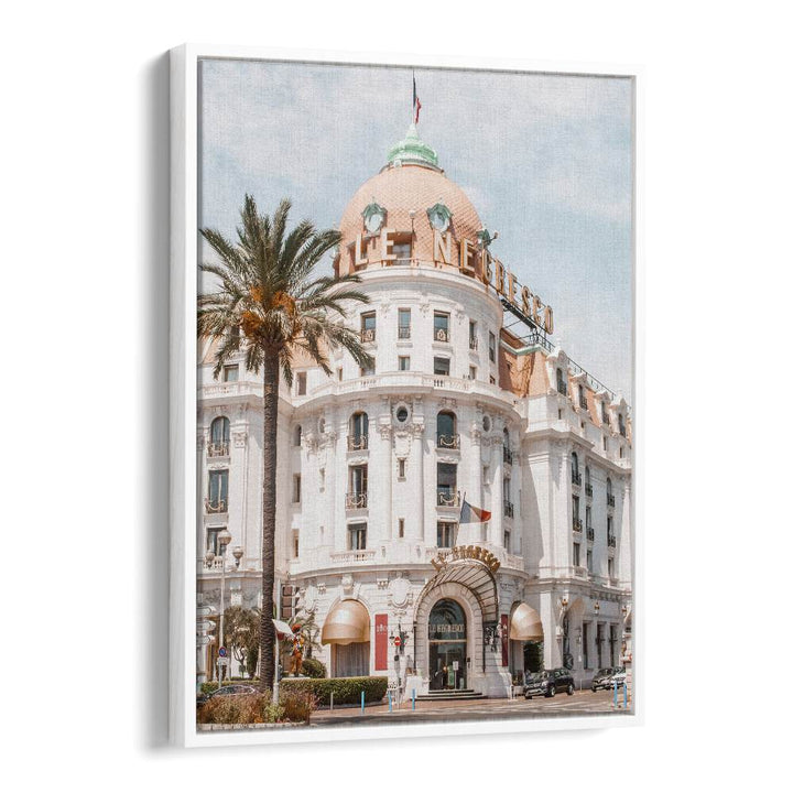 French Riviera Building By Grace Digital Art Co Beach Prints in White Floater Frame