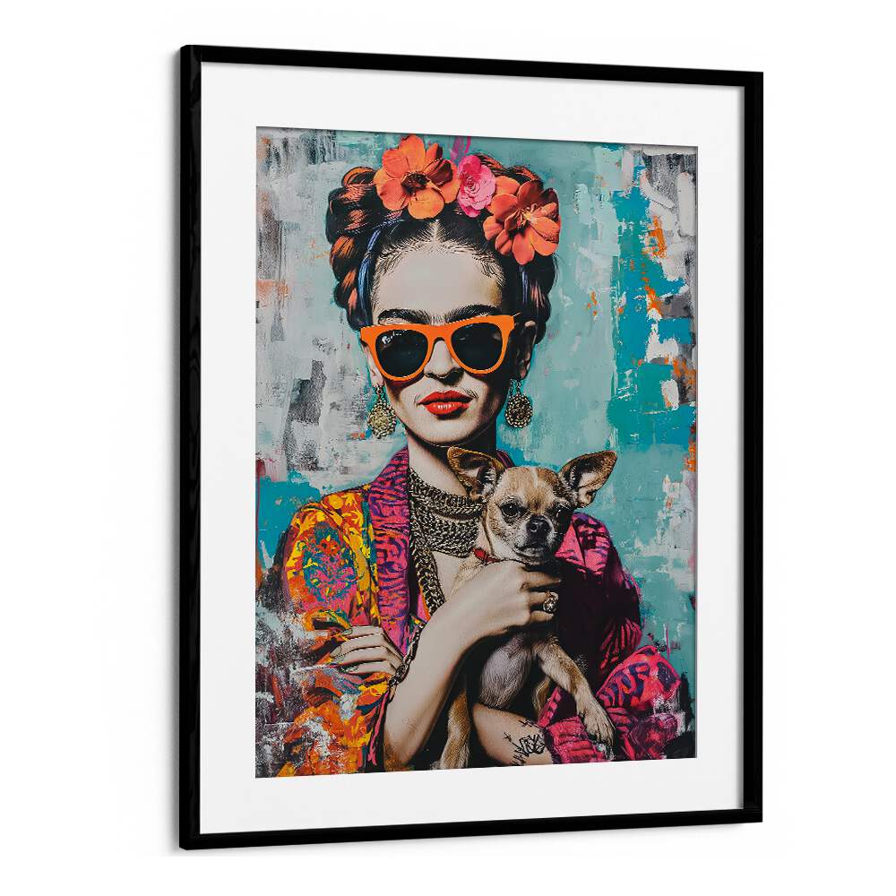 Frida Chihuahua Pop Art Paintings Pop Art Prints in Black Frame With Mount